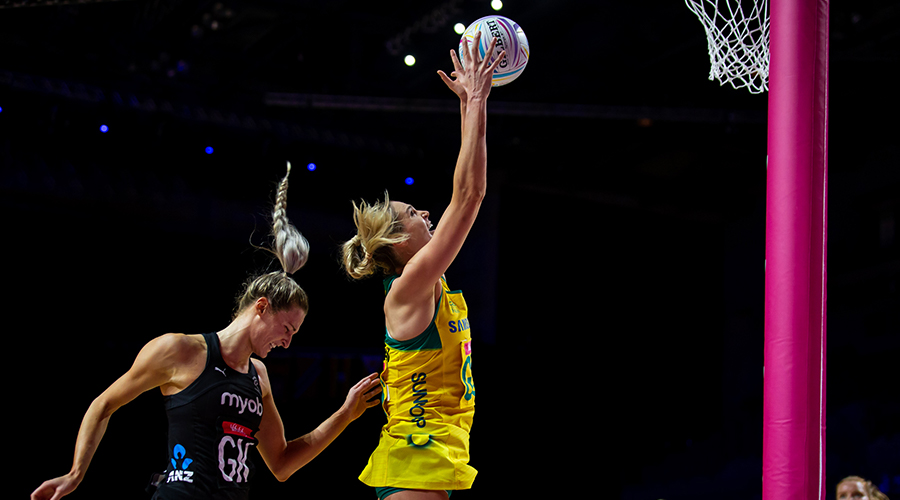 Australian Diamonds shooter Caitlin Bassett takes the ball against New Zealand in their match at the 2019 Netball World Cup in Liverpool.
