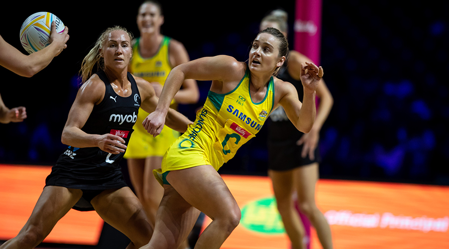 Australian Diamonds Vice Captain Liz Watson leads New Zealand captain Laura Langman to the ball in their 2019 Netball World Cup match in Liverpool