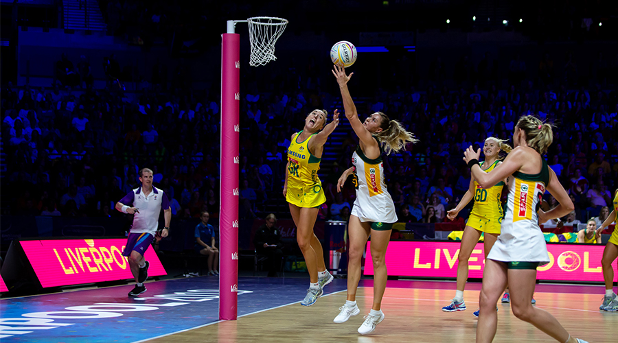South African goal shooter Lenize Potgieter takes the ball against Sarah Klau of Australia in their semi-final match at the 2019 Netball World Cup in Liverpool.