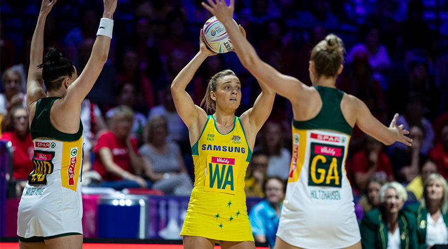 Diamonds vice-captain Liz Watson looks for an open teammate in their semi-final match against South Africa at the 2019 Netball World Cup in Liverpool