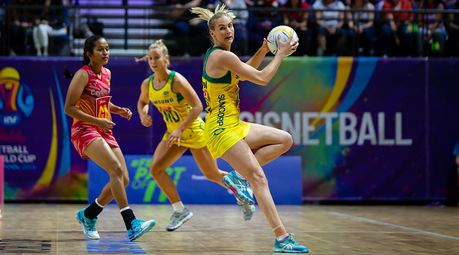Australian Diamonds defender April Brandley takes to the court against Sri Lanka in their match at the 2019 Netball World Cup at M&S Bank Arena in Liverpool.