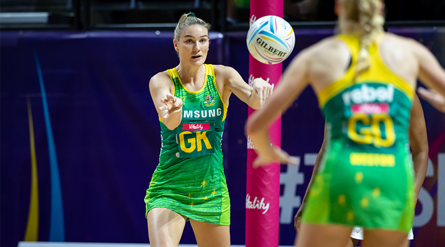 Australian Diamonds defender Courtney Bruce passes against Zimbabwe in their 2019 Netball World Cup round two match at Liverpool's M&S Bank Arena.