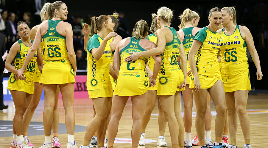 The Australian Diamonds celecrate securing the 2018 Constellation Cup against New Zealand.