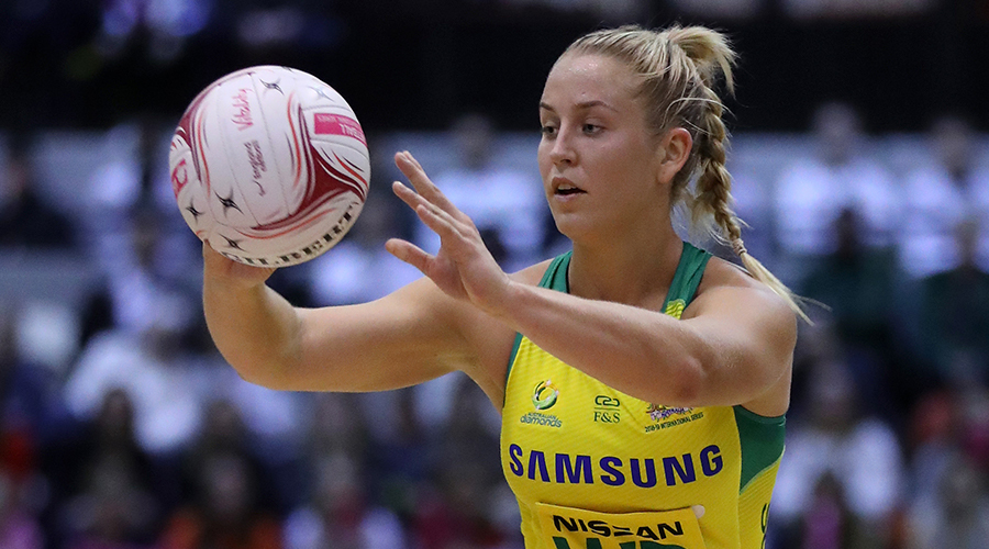 Jamie-Lee Price of Australia in action during the Vitality Netball International Series match between Australian Diamonds and New Zealand, as part of the Netball Quad Series at Copper Box Arena on January 19, 2019 in London, England.