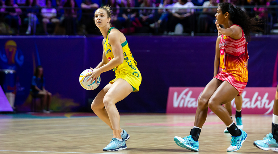 Paige Hadley looks to pass against Sri Lanka at the Netball World Cup in Liverpool.
