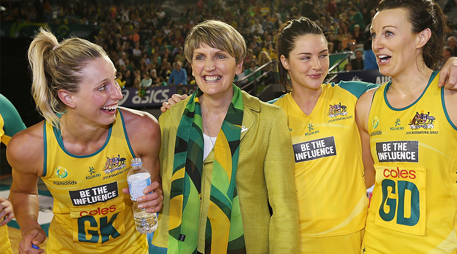 Michelle Den Dekker celebrating with Laura Geitz, Sharni Layton and Bianca Chatfield after the 2015 Netball World Cup