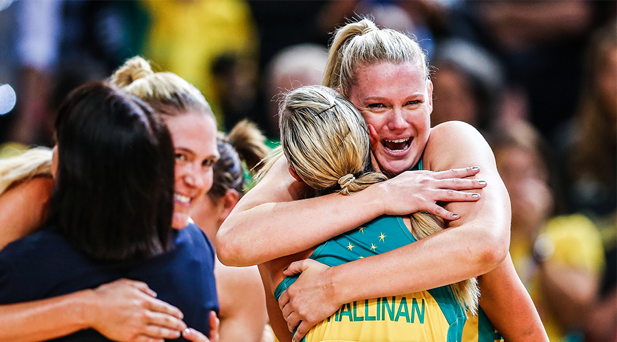 Caitlin Thwaites embraces team mate Renae Ingles after winning the 2015 Netball World Cup in Sydney.