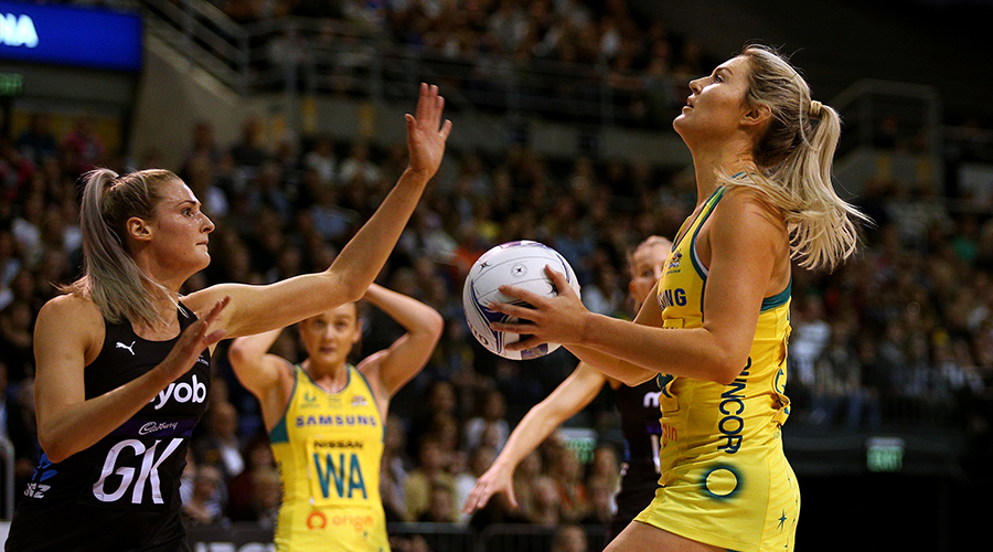 Gretel Tippett of the Australian Diamonds looks to take a shot at goal during the Constellation Cup international test match between the New Zealand Silver Ferns and the Australia Diamonds at Horncastle Arena on October 13, 2019 in Christchurch, New Zealand. 