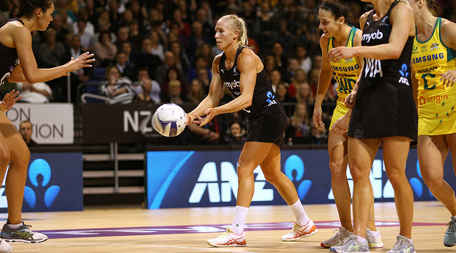 Laura Langman of the New Zealand Silver Ferns passes the ball during the Constellation Cup international test match between the New Zealand Silver Ferns and the Australia Diamonds at Horncastle Arena on October 13, 2019 in Christchurch, New Zealand. 
