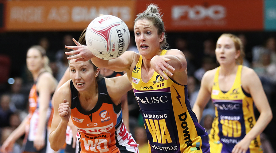  Laura Scherian of the Lightning in action during the round 12 Super Netball match between the Greater Western Sydney Giants and the Sunshine Coast Lightning at Quay Centre on August 10, 2019 in Sydney, Australia.