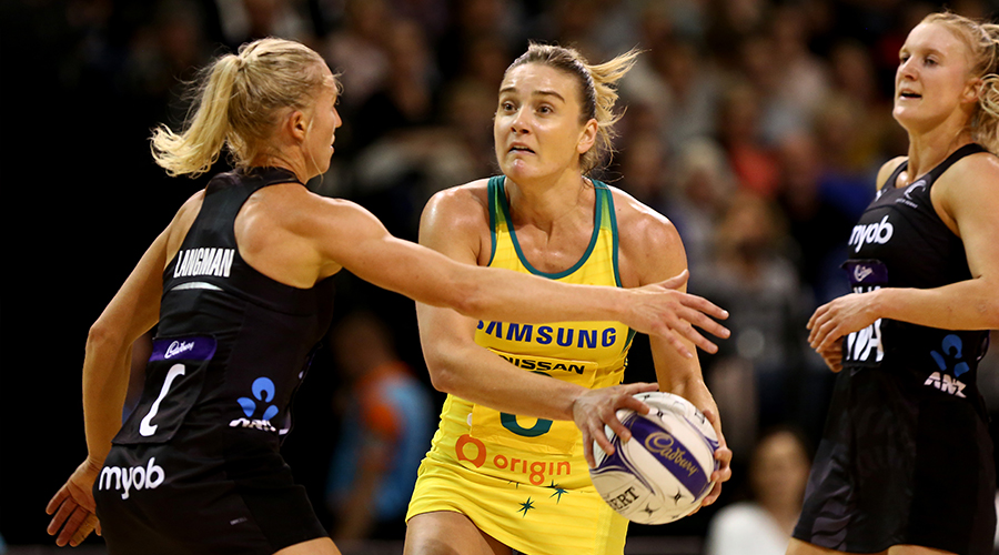  Liz Watson of the Australian Diamonds looks to pass the ball during the Constellation Cup international test match between the New Zealand Silver Ferns and the Australia Diamonds at Horncastle Arena on October 13, 2019 in Christchurch, New Zealand.