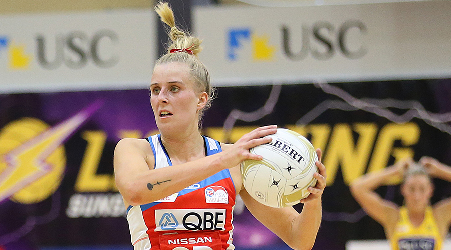 Maddy Turner of the Swifts catches the ball during the Super Netball Major Semi Final match between the Lightning and the Swifts at USC Stadium on August 31, 2019 in Sunshine Coast, Australia. 