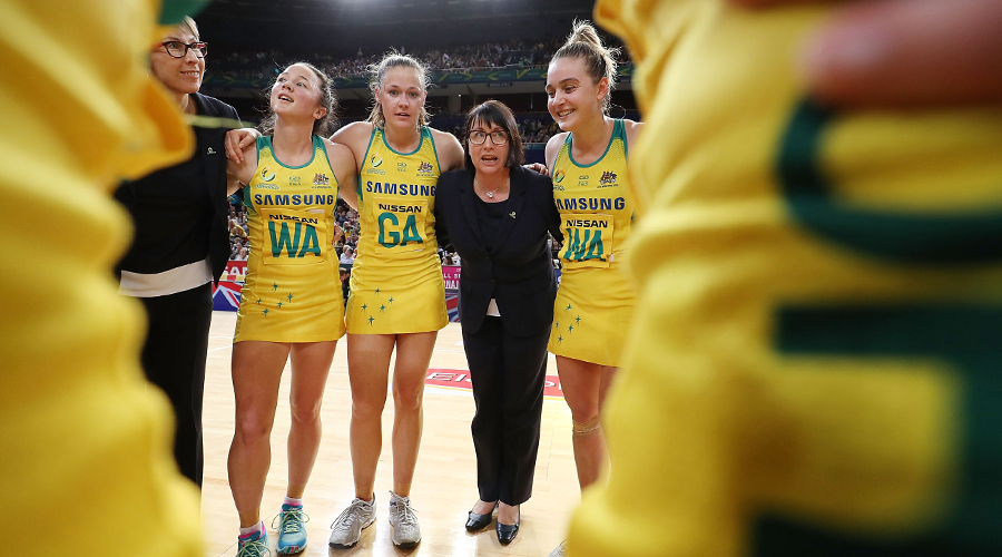 Australian Diamonds coach Lisa Alexnader in her team huddle at half time