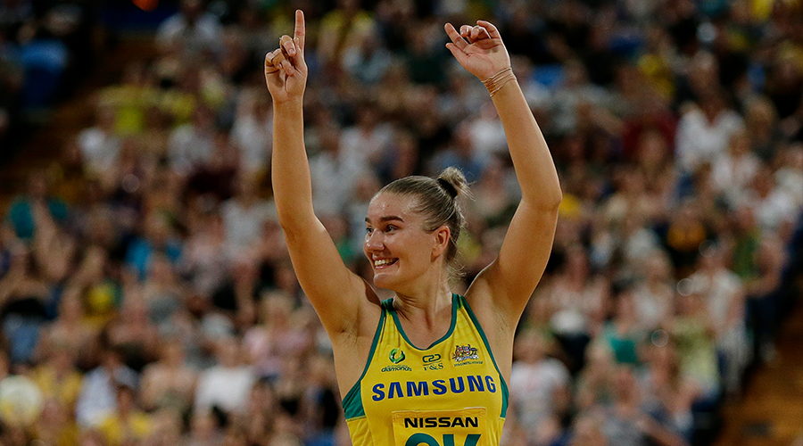 Courtney Bruce of the Diamonds celebrates the win during the 2019 Constellation Cup match between the Australia Diamonds and the New Zealand Silver Ferns at Perth Arena on October 27, 2019 in Perth, Australia. 